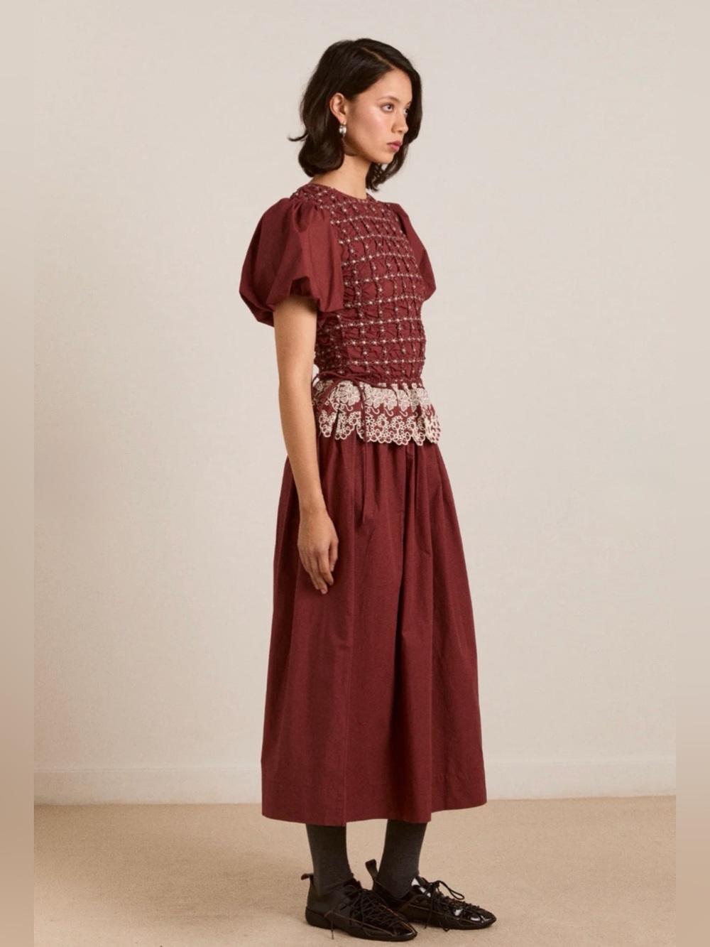 Damson madder Audrey puff sleeve organic cotton midi dress